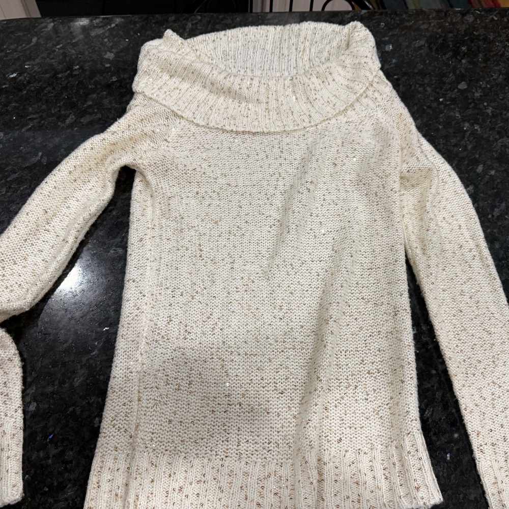 Cream Cowl Neck Woven Sweater w/ Sewn Gold Sequins